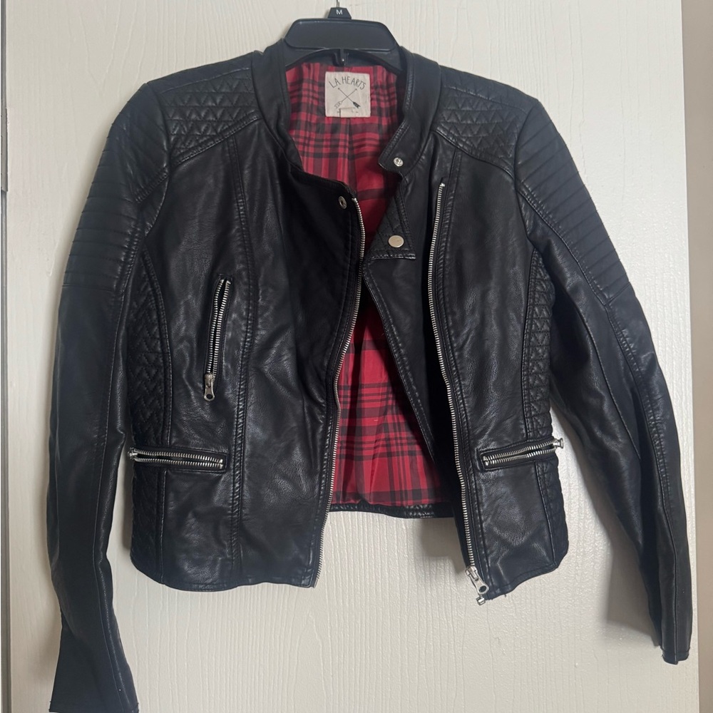 PacSun La Hearts Black Leather Jacket with Red Plaid Lining